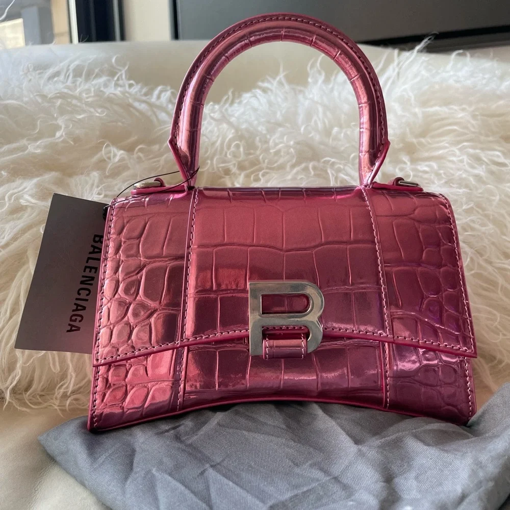 ❌SOLD❌Balenciaga Hourglass Pink Metallic Calfskin Croc Embossed Bag XS BRAND NEW - Picture 2 of 11